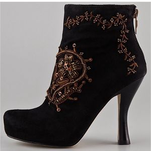 Embellished Black Suede Ankle Boot with Bronze Beading